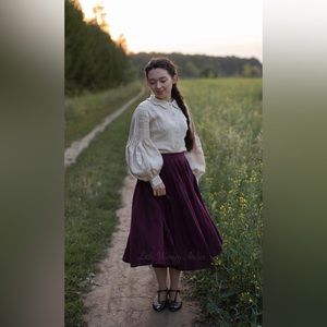 Little Women Atelier Amy 100% Linen Skirt In Plum Pleated Burgundy Cottagecore